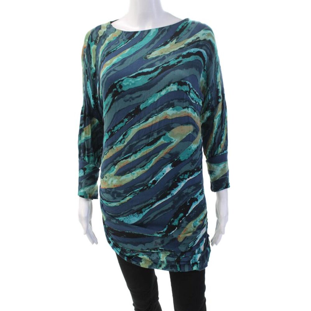 Kelly Wearstler Womens Silk Abstract Long Sleeve Ruched Blouse Blue Size 0